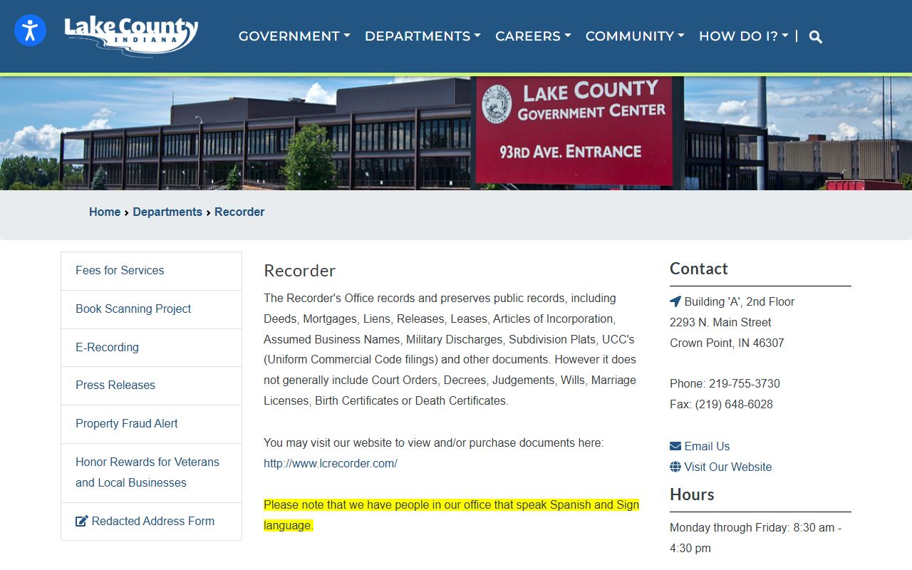 Lake County Recorder phone directory and office details