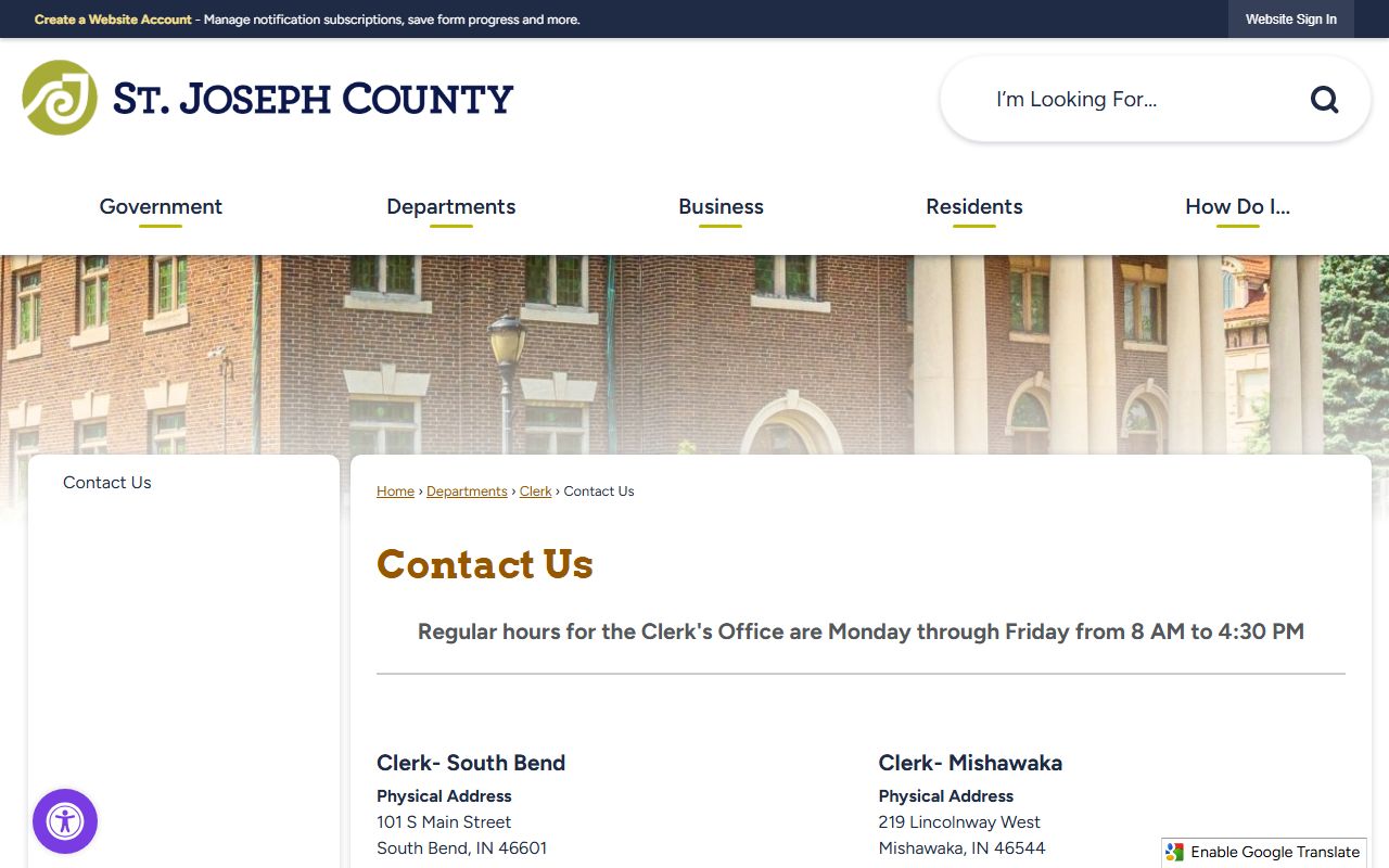 St. Joseph County clerk office phone directory contact page