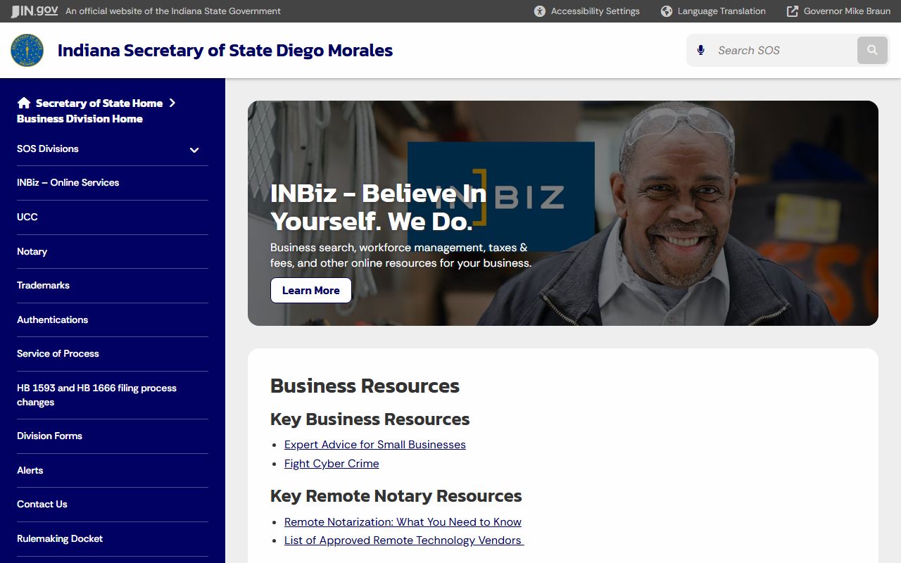 Indiana Secretary of State business phone directory search